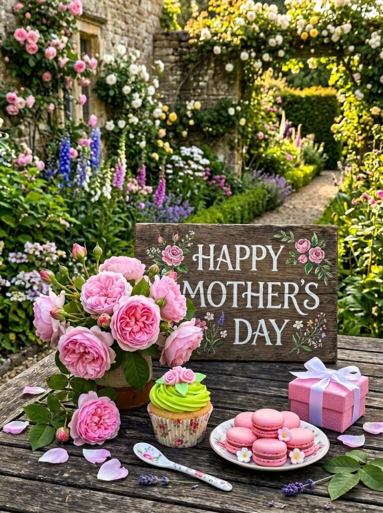 pink blooms, nature, garden, macarons, gift box, cake, sign, wood, outdoors, romance, celebration, happy mothers day, flower vase, coffee cup, sweets, decoration, peonies, festive, fresh flowers, warmth, late spring
